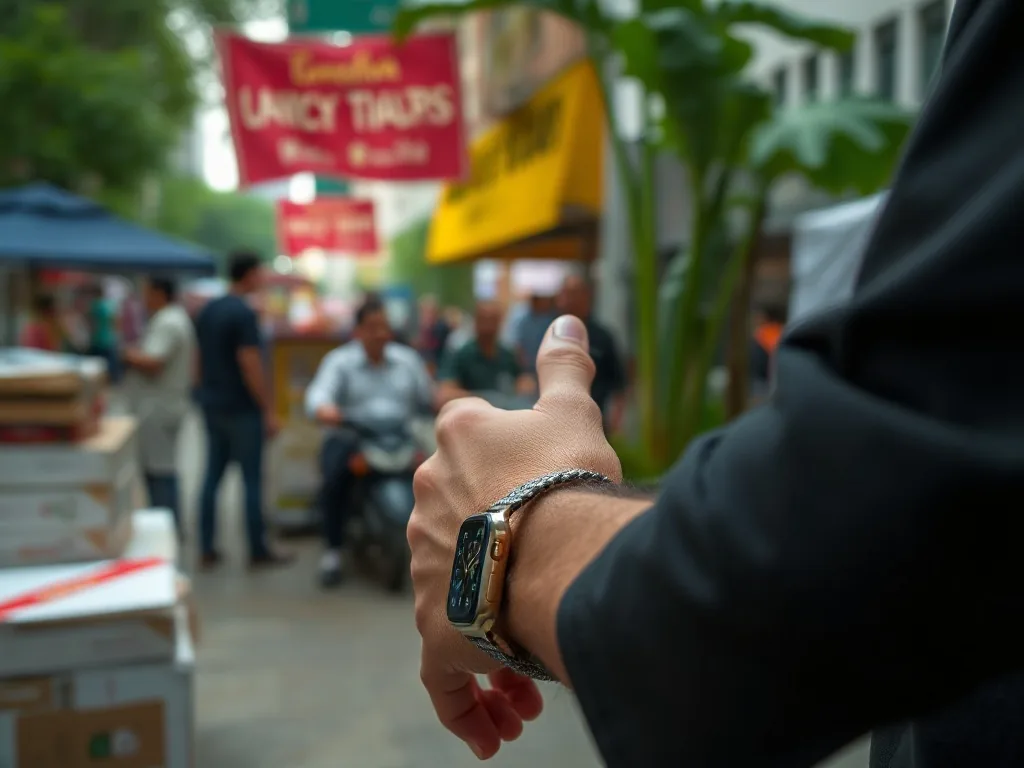 Bracelet milanais en titane noir fixé à une Apple Watch Ultra 2 posée sur une table en bois, vu de dessus