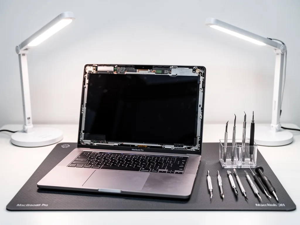 A MacBook Pro screen removed from its chassis, lying on an anti-static mat, fine tools arranged beside it, soft LED desk