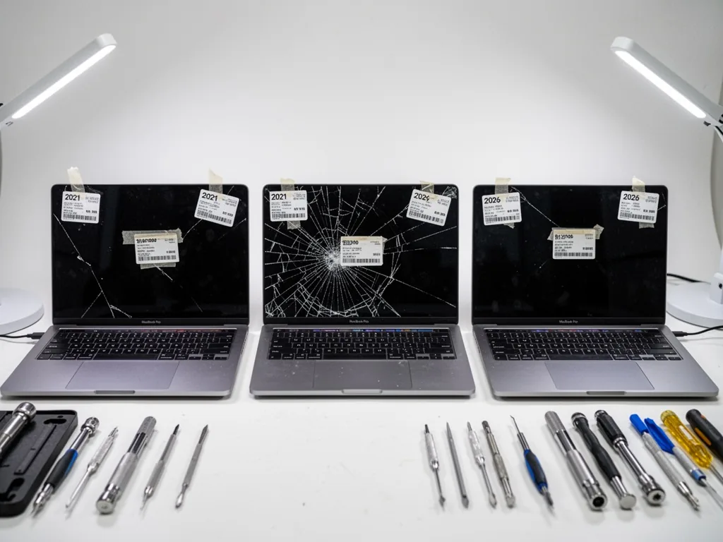 A row of three different MacBook Pro models from 2021 to 2026, each with a cracked screen, price tags taped to their lid