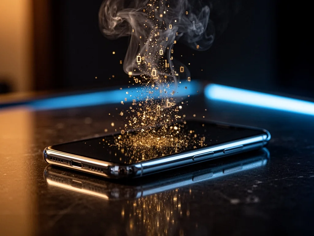 A smartphone screen close-up, metallic frame, tiny golden data particles flowing upward like smoke, dark room with cool