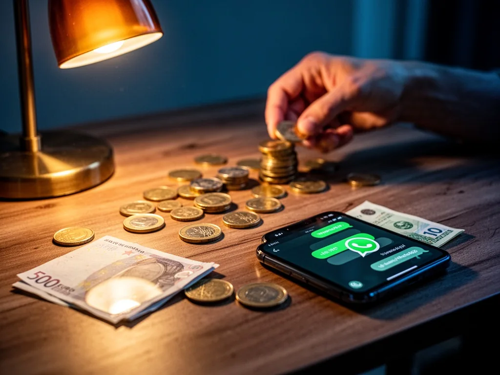 A wooden desk with scattered euro coins and a banknote, a smartphone showing WhatsApp chat bubbles, warm amber desk lamp