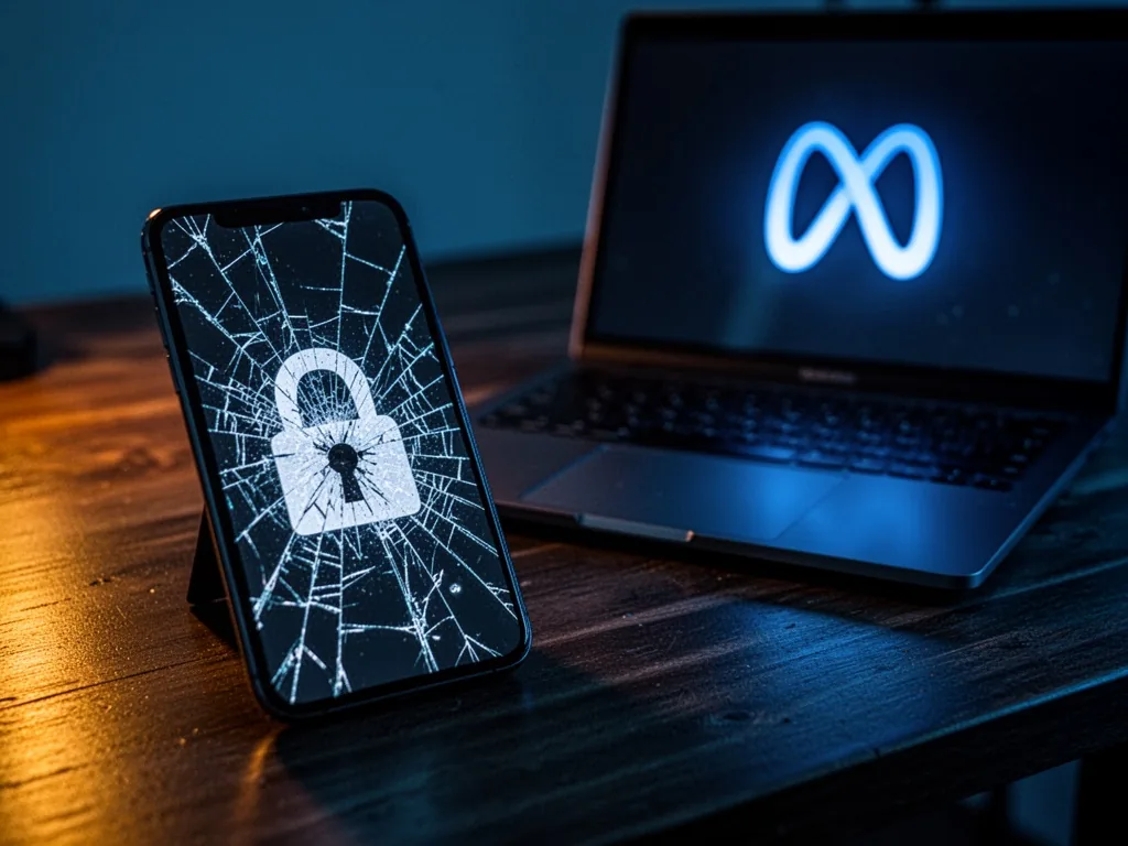 A smartphone with a cracked screen showing a broken padlock icon, a laptop beside it with a glowing Meta logo reflected