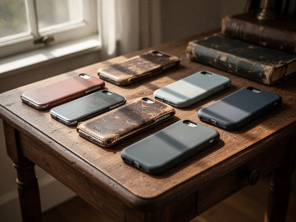 A vintage wooden display table holding assorted iPhone 6 Plus cases in worn leather and matte silicone, soft afternoon s
