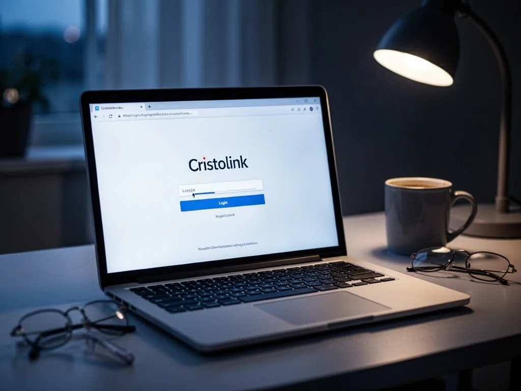 A laptop screen displaying a Cristolink login page, browser loading bar paused halfway, desk with coffee mug and glasses