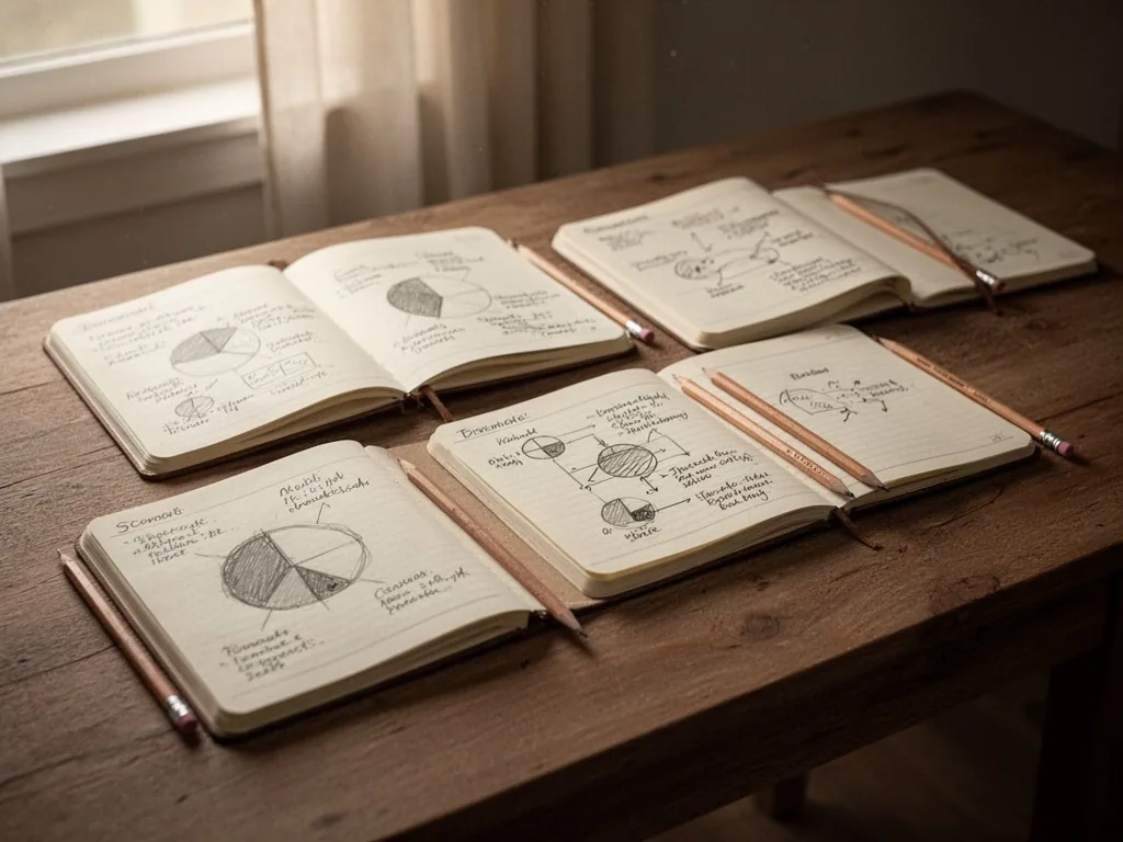 A wooden desk with three open notebooks, each containing different hand-drawn diagrams and notes, a pencil resting besid