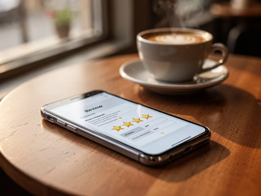 A smartphone lying on a café table, screen displaying a review form with star ratings, coffee cup blurred in background,