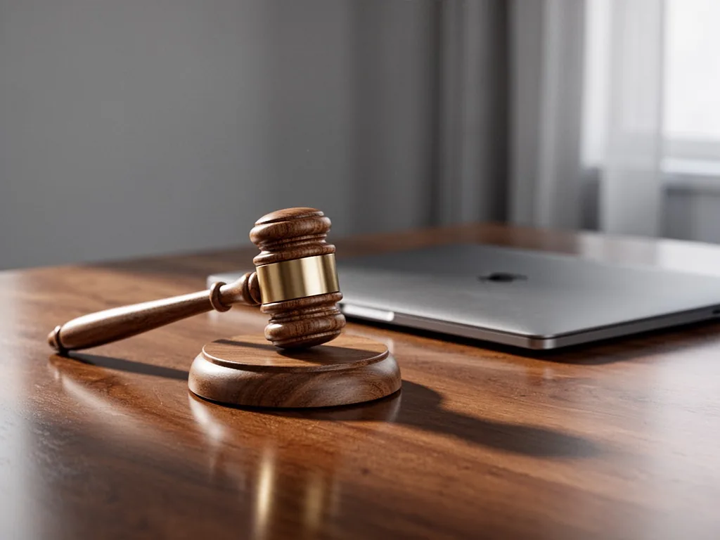 A wooden judge's gavel placed on a polished tabletop, next to a closed laptop, soft grey studio light with subtle shadow