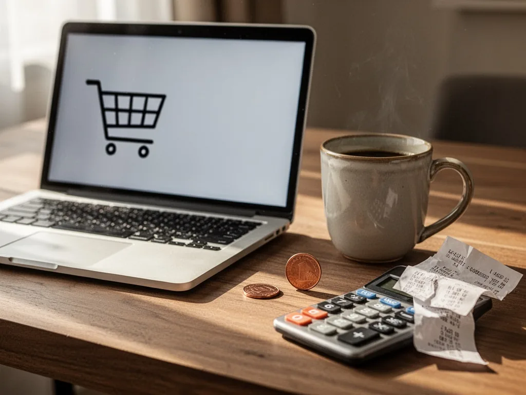 A wooden desk with a laptop screen showing an empty shopping cart icon, a single copper coin next to a ceramic coffee mu