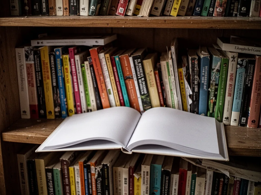 A messy wooden bookshelf filled with colorful books on diverse topics, all with identical thin spines, a single open boo