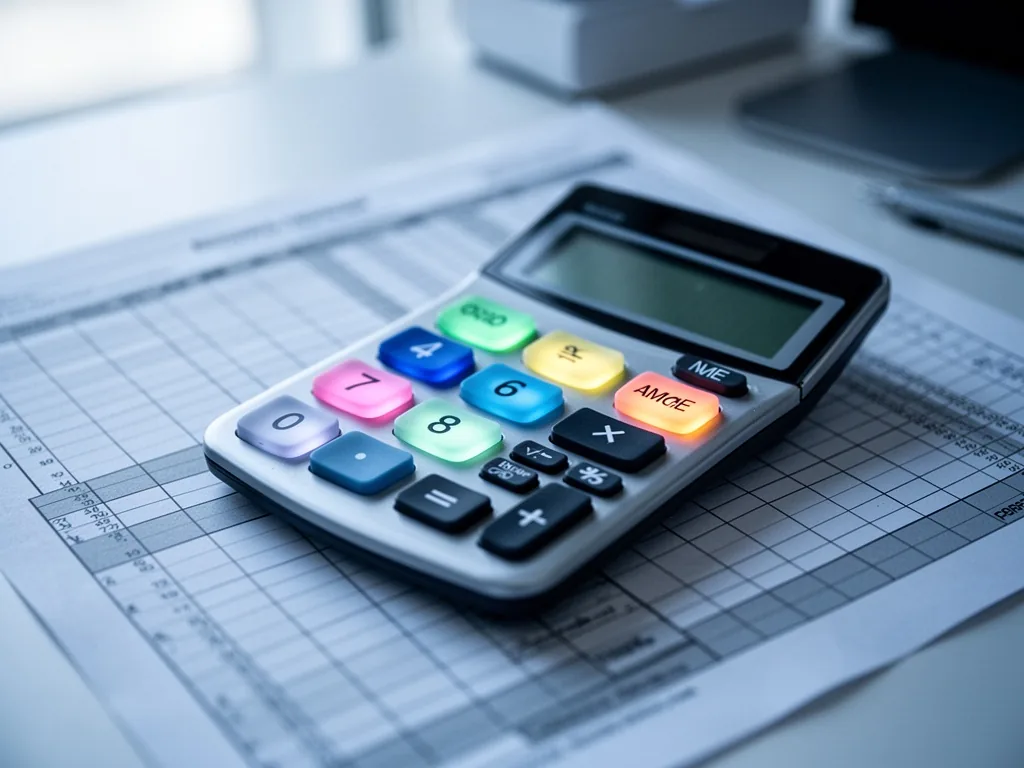 A calculator with five colorful function buttons glowing, resting on a printed spreadsheet with gridlines, soft office l