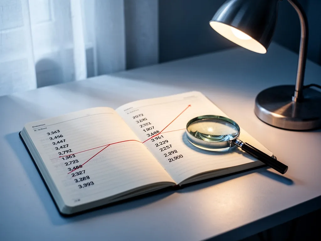 An open notebook with two columns of numbers linked by a red line, a magnifying glass beside it, warm desk lamp casting 