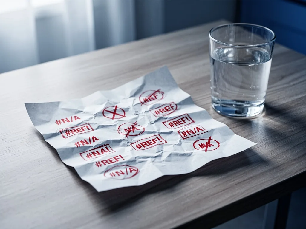 A crumpled paper sheet marked with red error symbols like #N/A and #REF!, lying on a wooden desk next to a clear glass o
