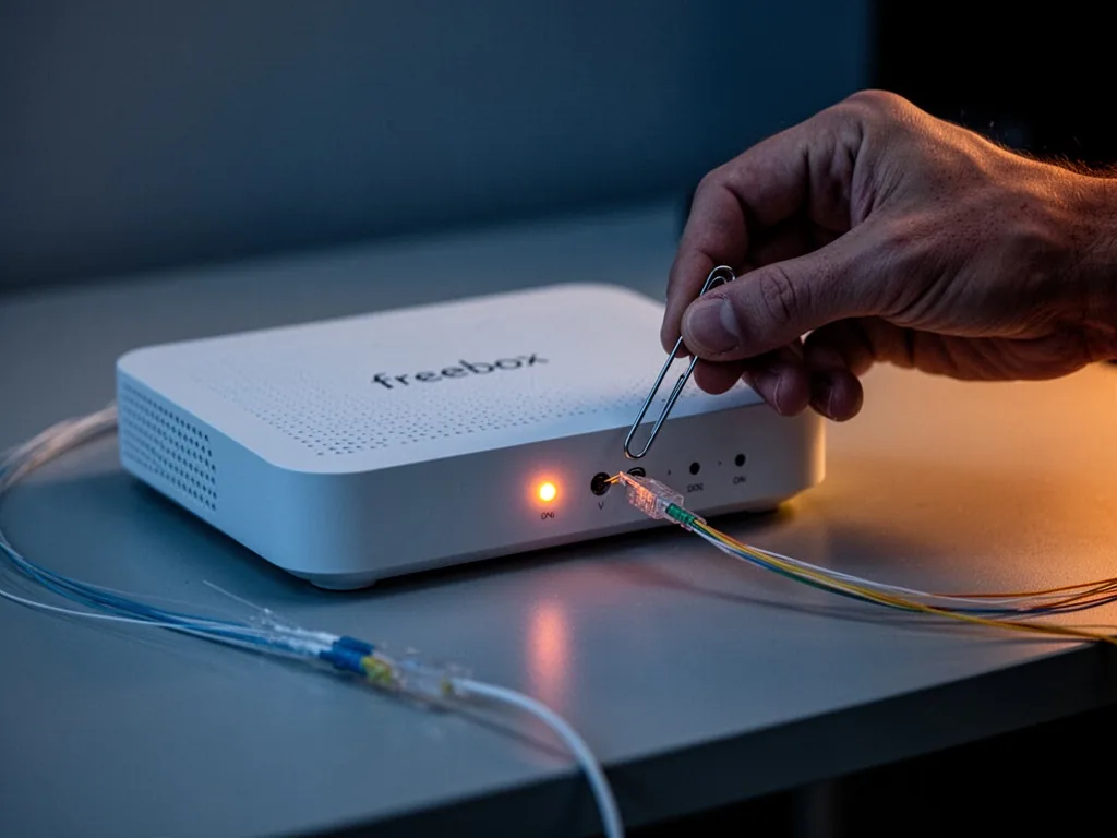 A white Freebox router with a blinking orange LED, a person's hand carefully inserting a paperclip into the reset button