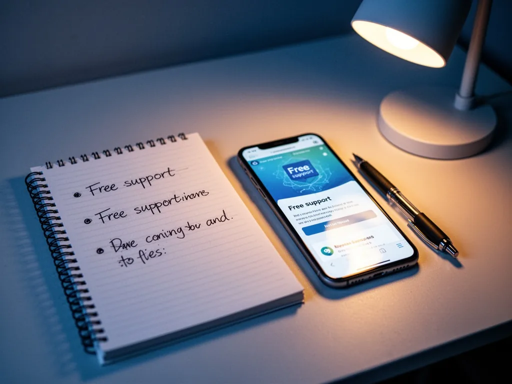 A handwritten list on a notepad with three bullet points, a smartphone showing a Free support webpage, a pen resting bes