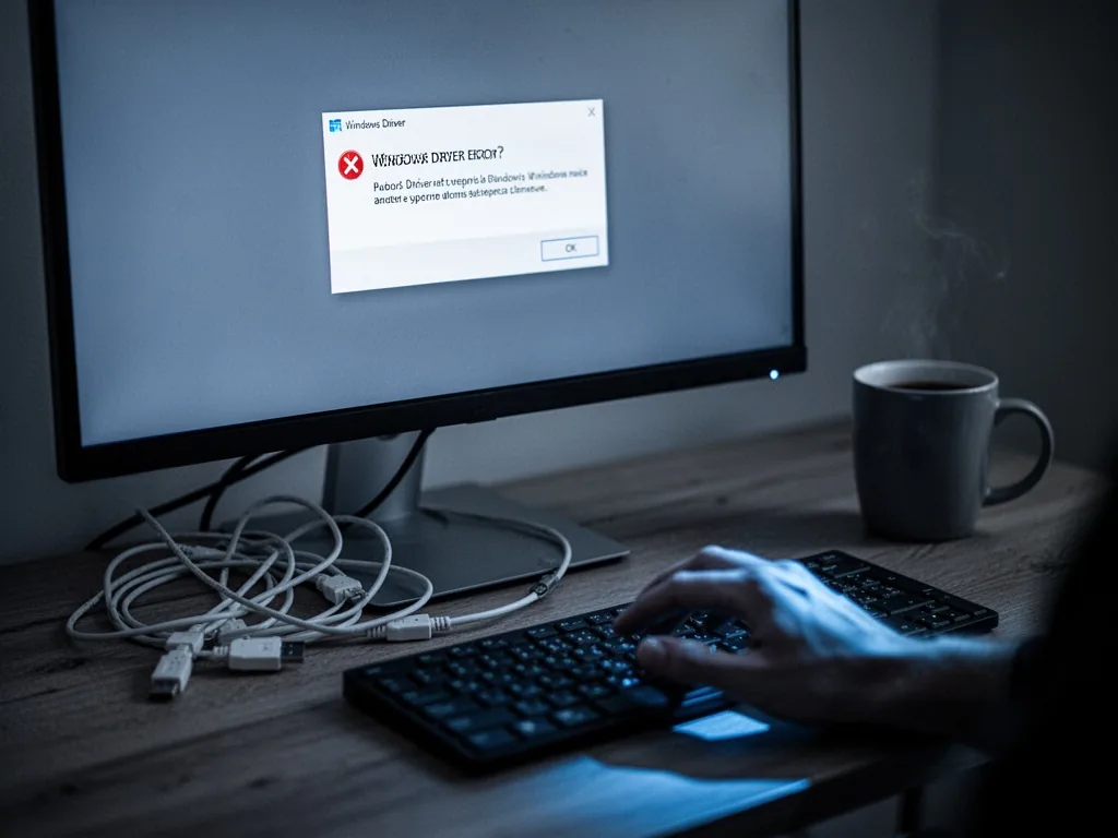 A computer monitor displaying a Windows driver error dialog box, tangled USB cables and a coffee mug on a wooden desk, s