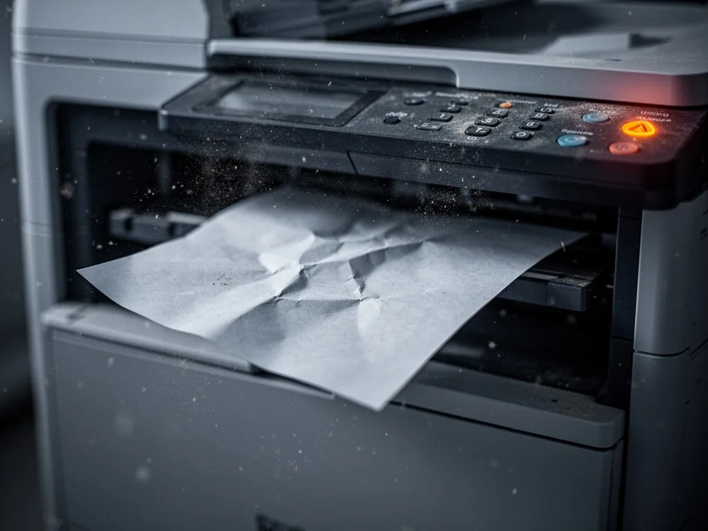 A crumpled paper sheet partially protruding from a printer's paper feed slot, an orange warning light glowing on the con
