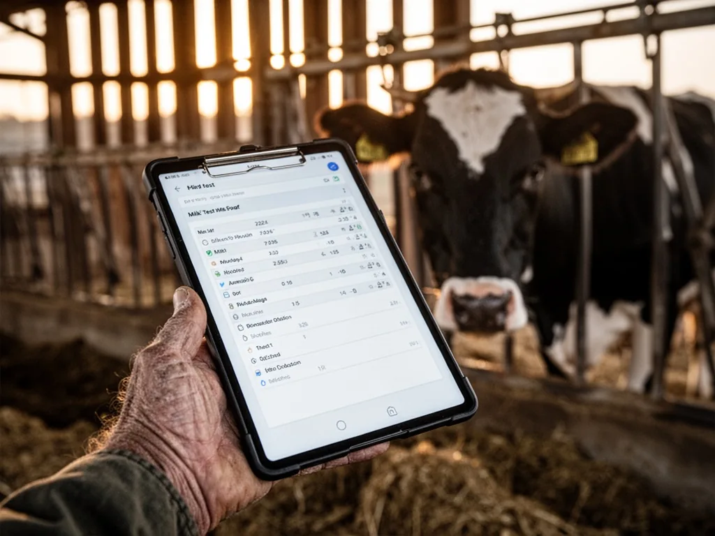 A farmer's weathered hand holding a smart clipboard with milk test results, blurred cow silhouette in background, golden