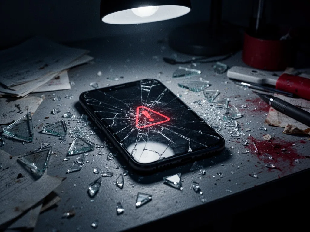 A cracked smartphone lying face-up on a messy desk, glass splinters scattered around it, a faint red warning icon visibl