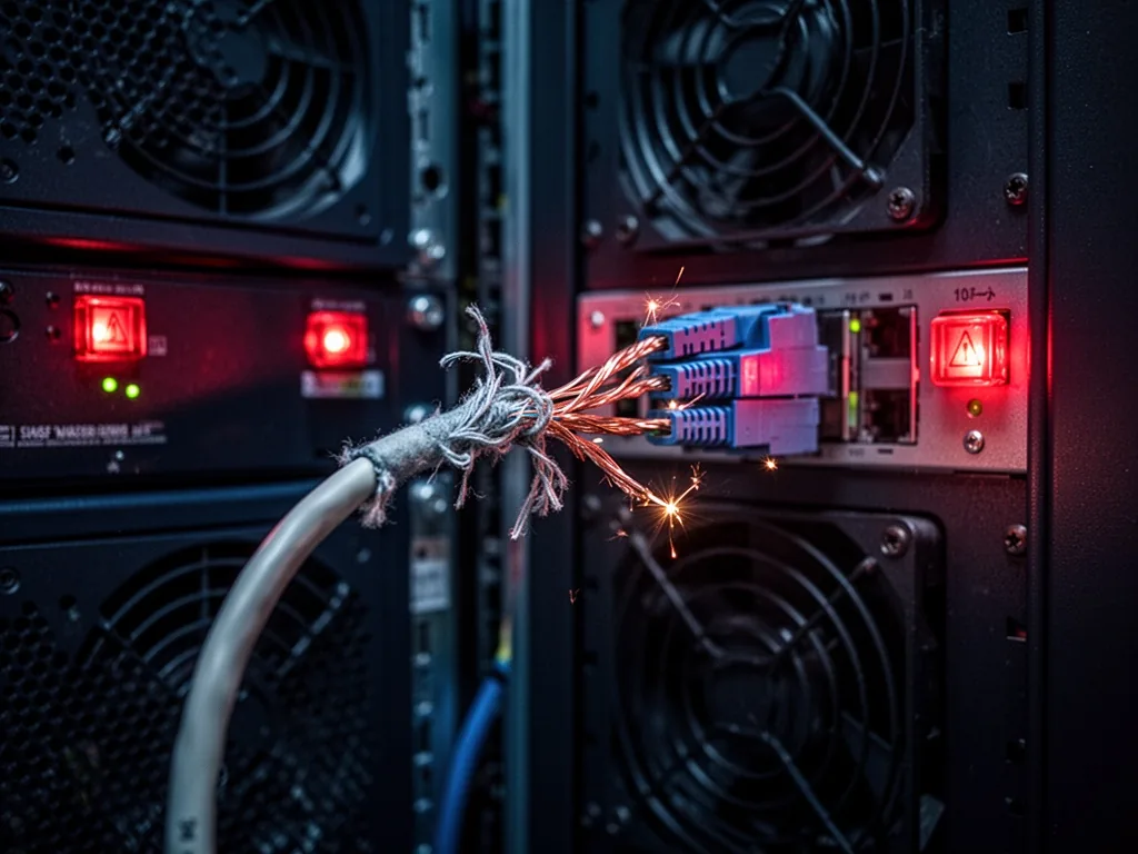 A frayed network cable plugged into a server rack, exposed copper wires sparking slightly, red warning LEDs glowing on n