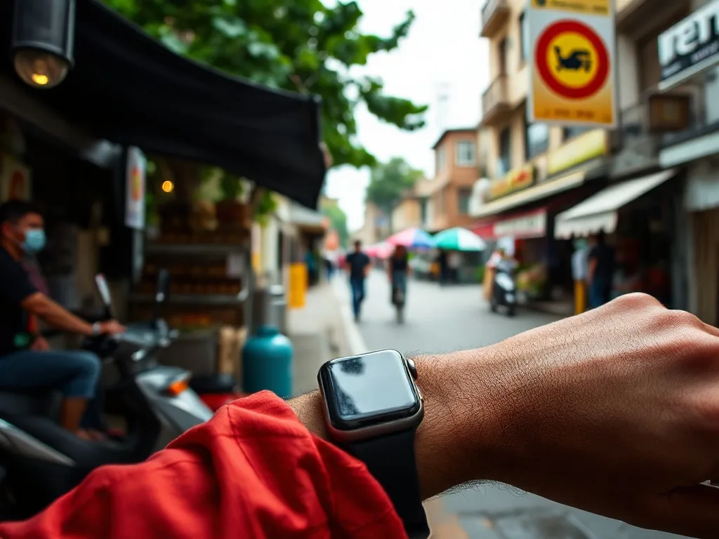Plusieurs bracelets Apple Watch en silicone, cuir et métal alignés sur une table en bois avec une Apple Watch au centre