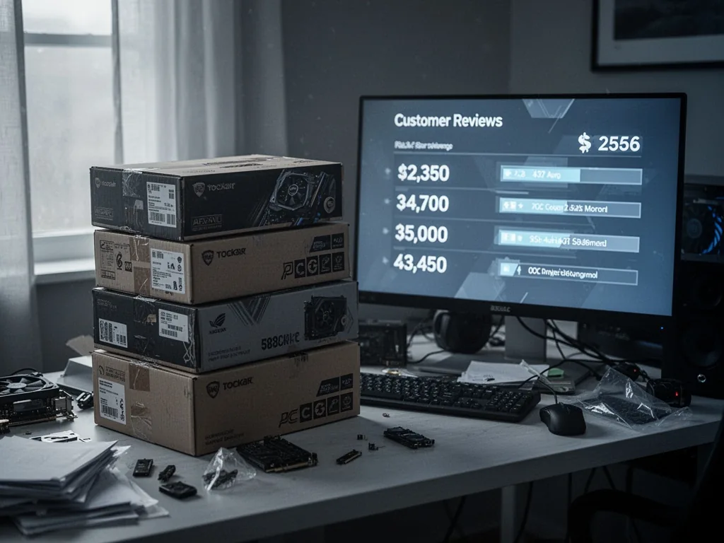 A cluttered desk with a stack of opened PC component boxes, a monitor showing customer review scores, side-lit by gray a