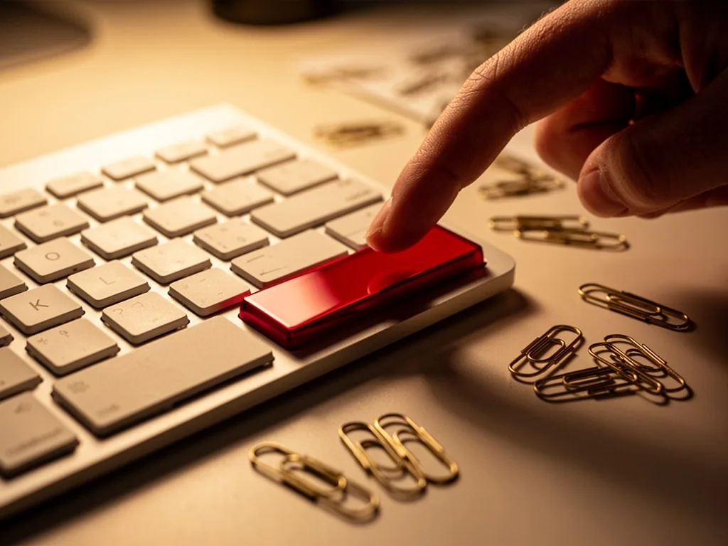 A keyboard with a glossy red bold key pressed by a finger tip, scattered paper clips, shallow depth of field, warm amber