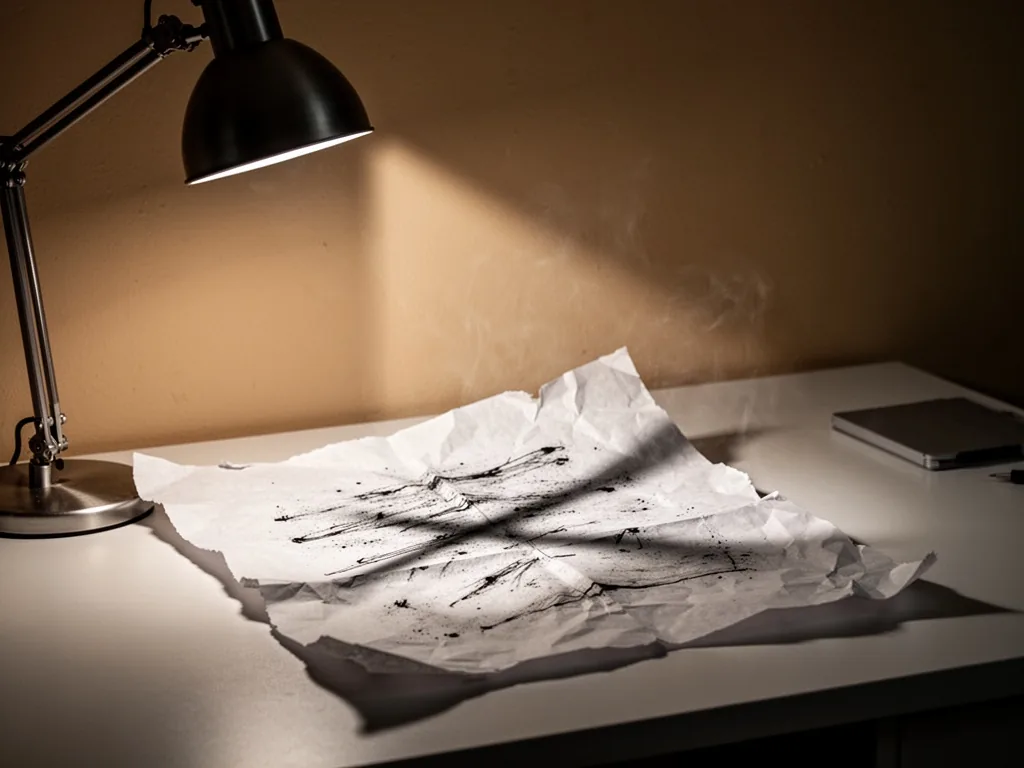 A crumpled white paper with torn edges and smudged ink lines under a desk lamp, harsh shadow cast across the surface, mu