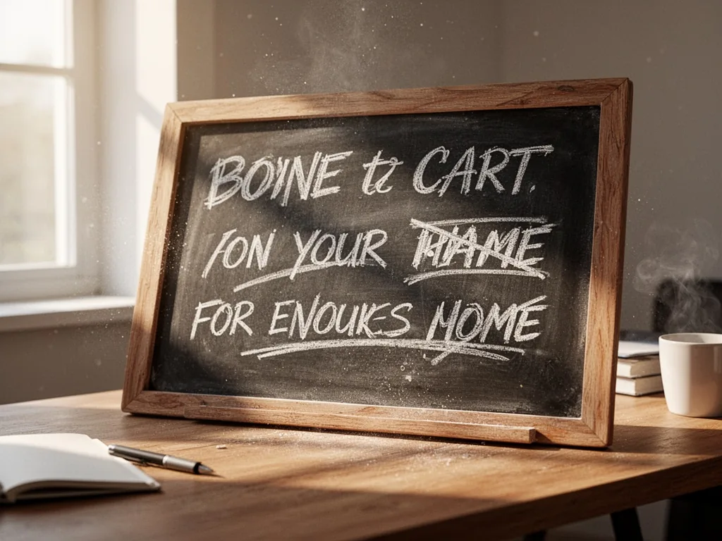 A wooden chalkboard with handwritten bold, italic, and crossed-out phrases in white chalk, soft natural light from a win