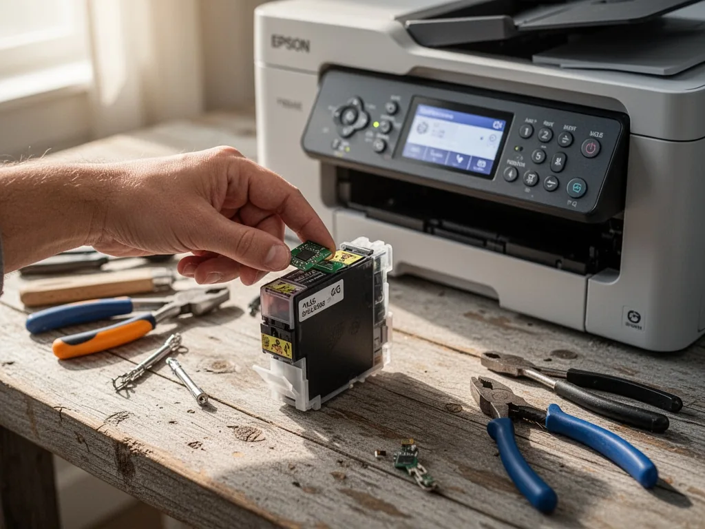 Close-up of a hand resetting the chip on an Epson printer cartridge, the printer's control panel glowing, scattered tool