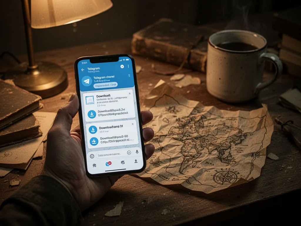 A hand holding a smartphone with a Telegram channel showing three pinned download links, a crumpled treasure map and a c