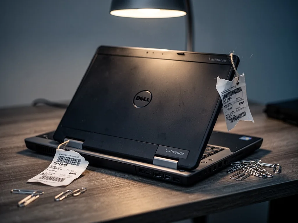 A refurbished Dell Latitude laptop resting on a wooden desk, a torn price tag hanging from its corner, scattered paper c