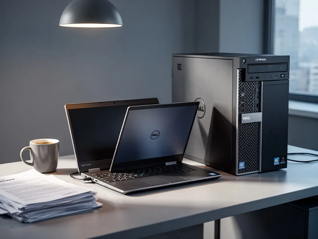 A sleek Dell Latitude beside a chunky Dell OptiPlex desktop, a coffee mug and a stack of documents on the left, office d