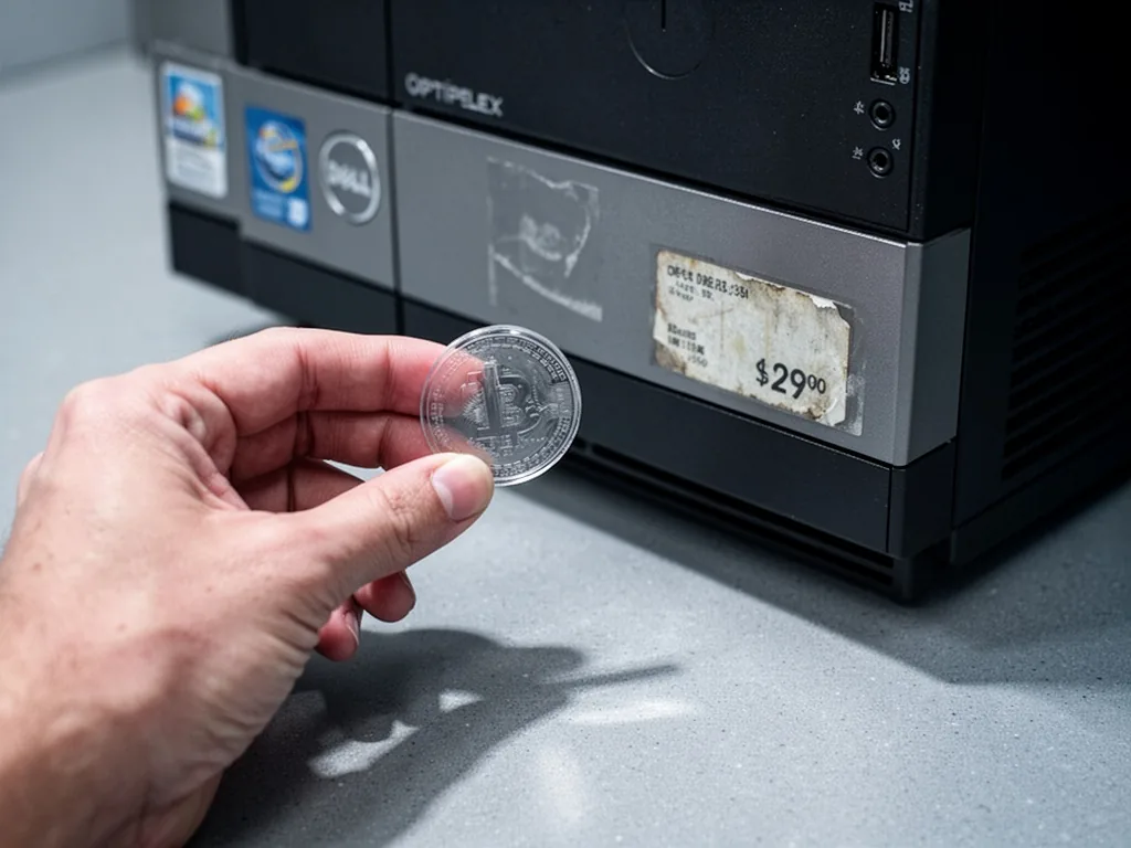 A hand holding a transparent coin over a Dell OptiPlex, a faded price sticker on the case, thin shadows on a grey counte