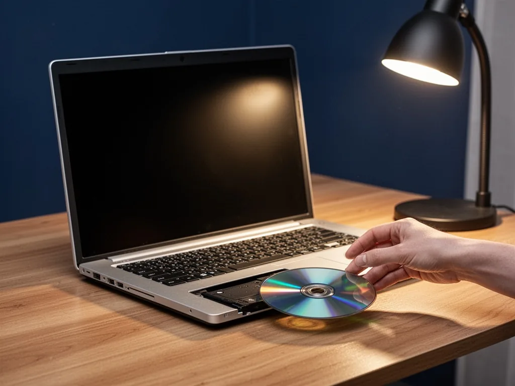 A large 17-inch laptop open on a wooden desk, a DVD disc half-inserted into the built-in drive, a hand gently holding th