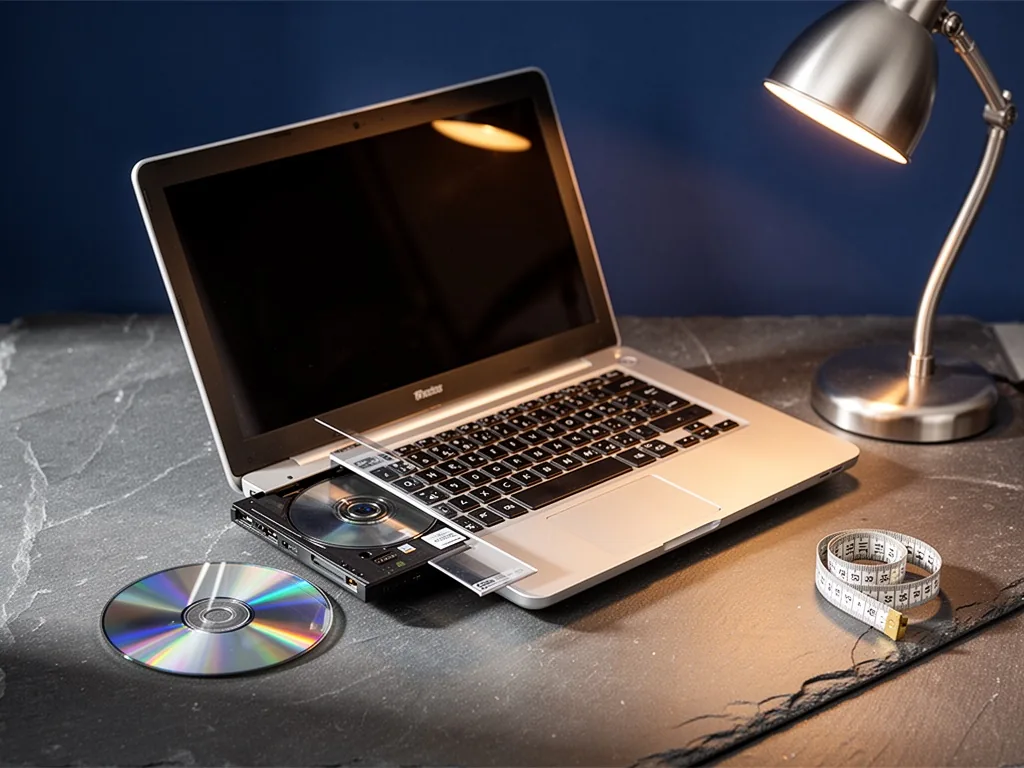 A 17-inch laptop with CD drive tray open, a compact disc resting next to it on a slate surface, a small measuring tape c