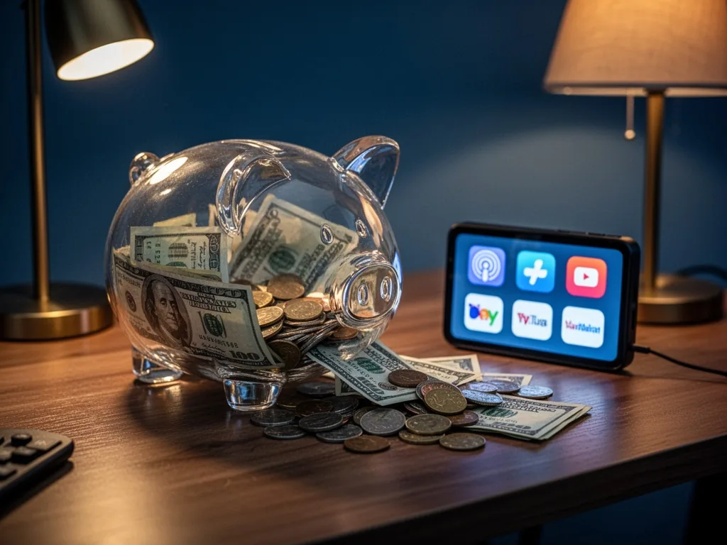 A clear glass piggy bank on a wooden desk with dollar bills and coins spilling out, a small LED screen displaying subscr