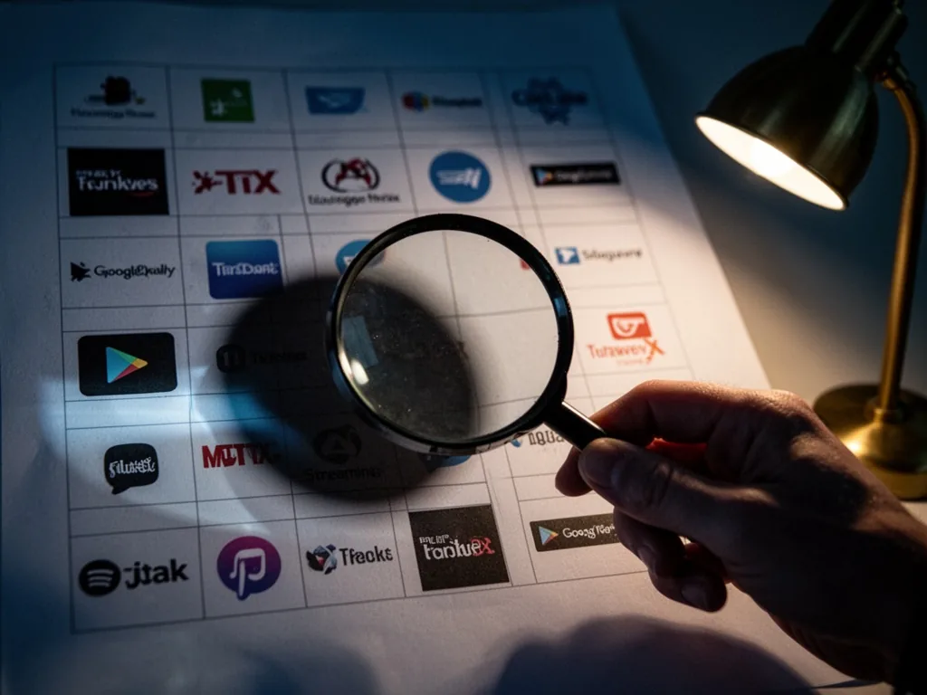 A hand holding a magnifying glass over a printed grid of streaming platform logos, one logo cast in deep shadow, soft de