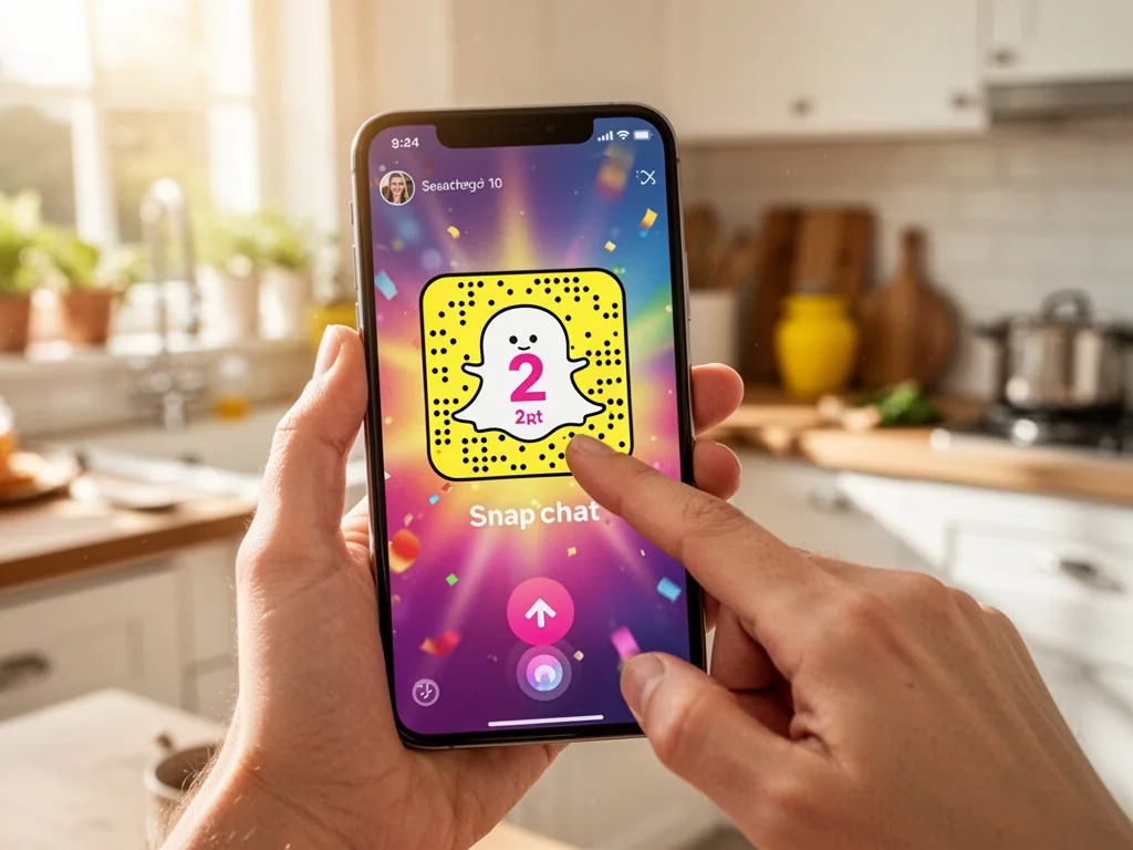 A hand holding a smartphone, the screen displaying a Snapchat story with a score increase of 2 points, a finger hovering