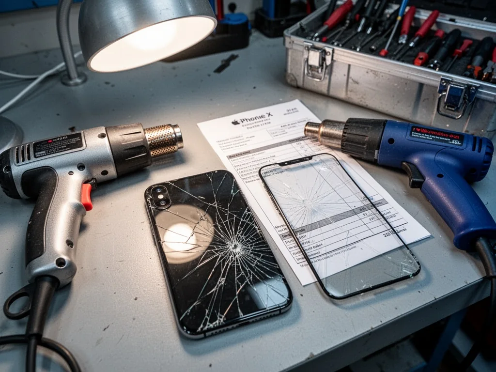 A cracked iPhone X rear glass next to a heat gun and a fresh glass panel, contrast with a repair shop invoice and a tool