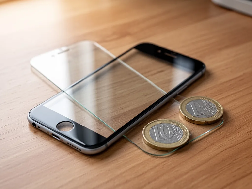 A tempered glass screen protector for iPhone 6 lying flat on a wooden desk, a 10 euro coin beside it, soft daylight, sha