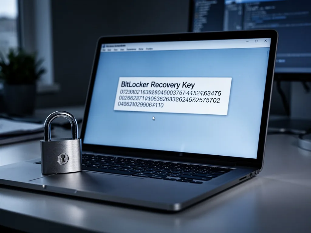 A laptop screen displaying a BitLocker recovery key code, a silver padlock beside the keyboard, dim office lighting