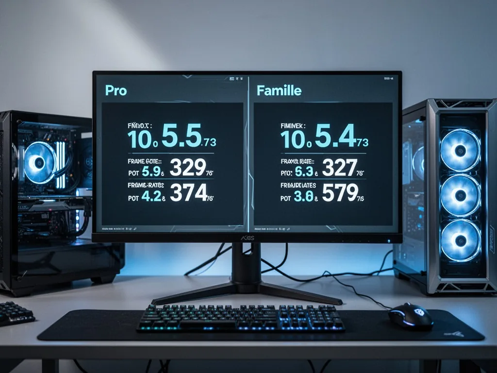 A gaming monitor showing identical frame rates on two side-by-side PCs, one labeled Pro one Famille, neutral desk lighti